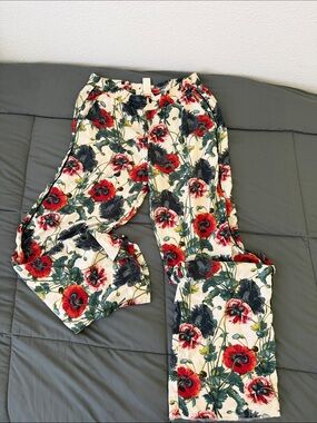 Poppy Floral Wide-Leg Women’s Pants in Cream and Red